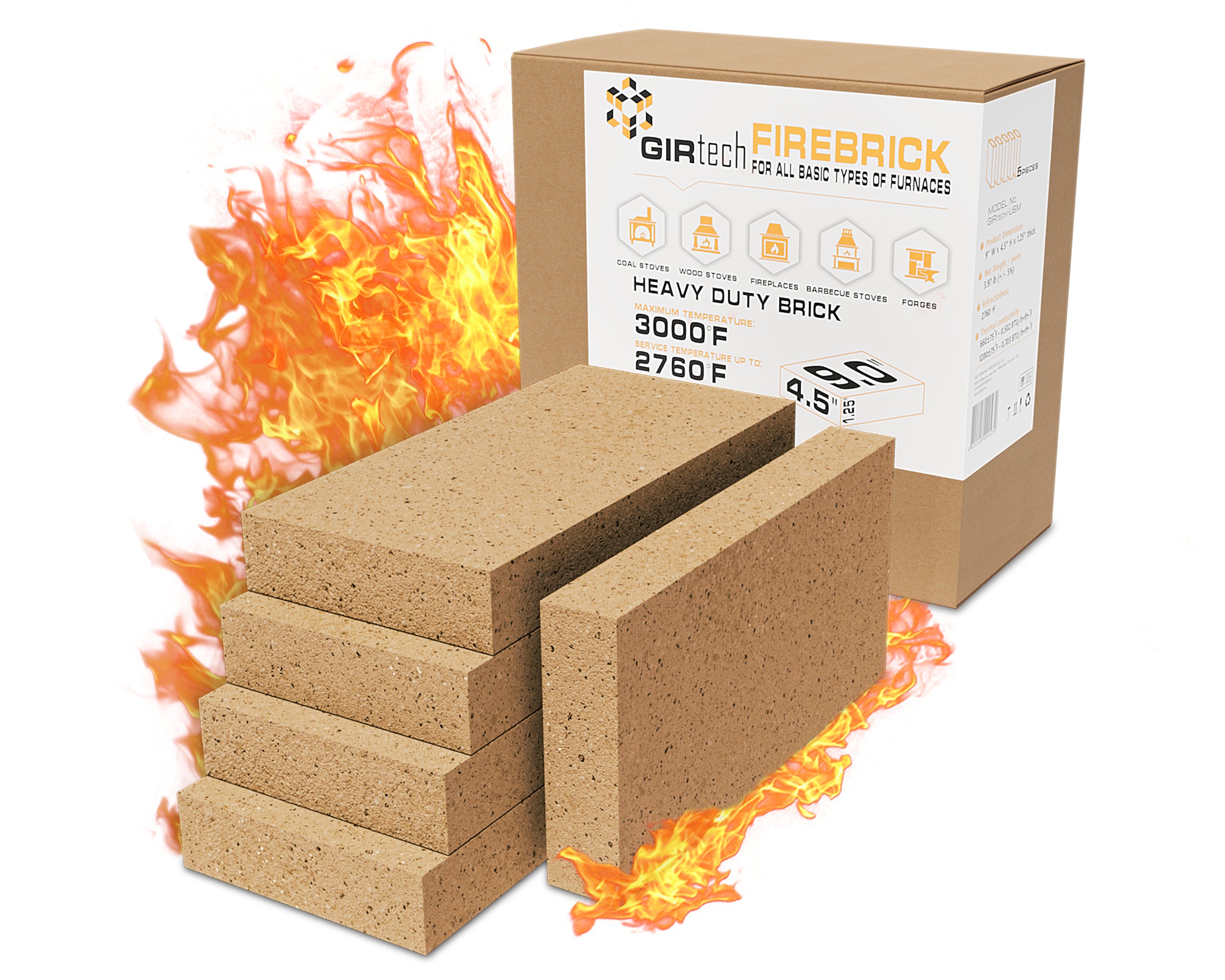 USM Heavy Duty Firebricks 2,4,5,6 Units-Pack Fireclay, Chamotte 3000F US Stove 9" x 4-1/2" x 1-1/4" Insulating, Replacement Fire Bricks for Fireplaces, Wood Stoves, Pizza Ovens, Steel Furnaces, Forge