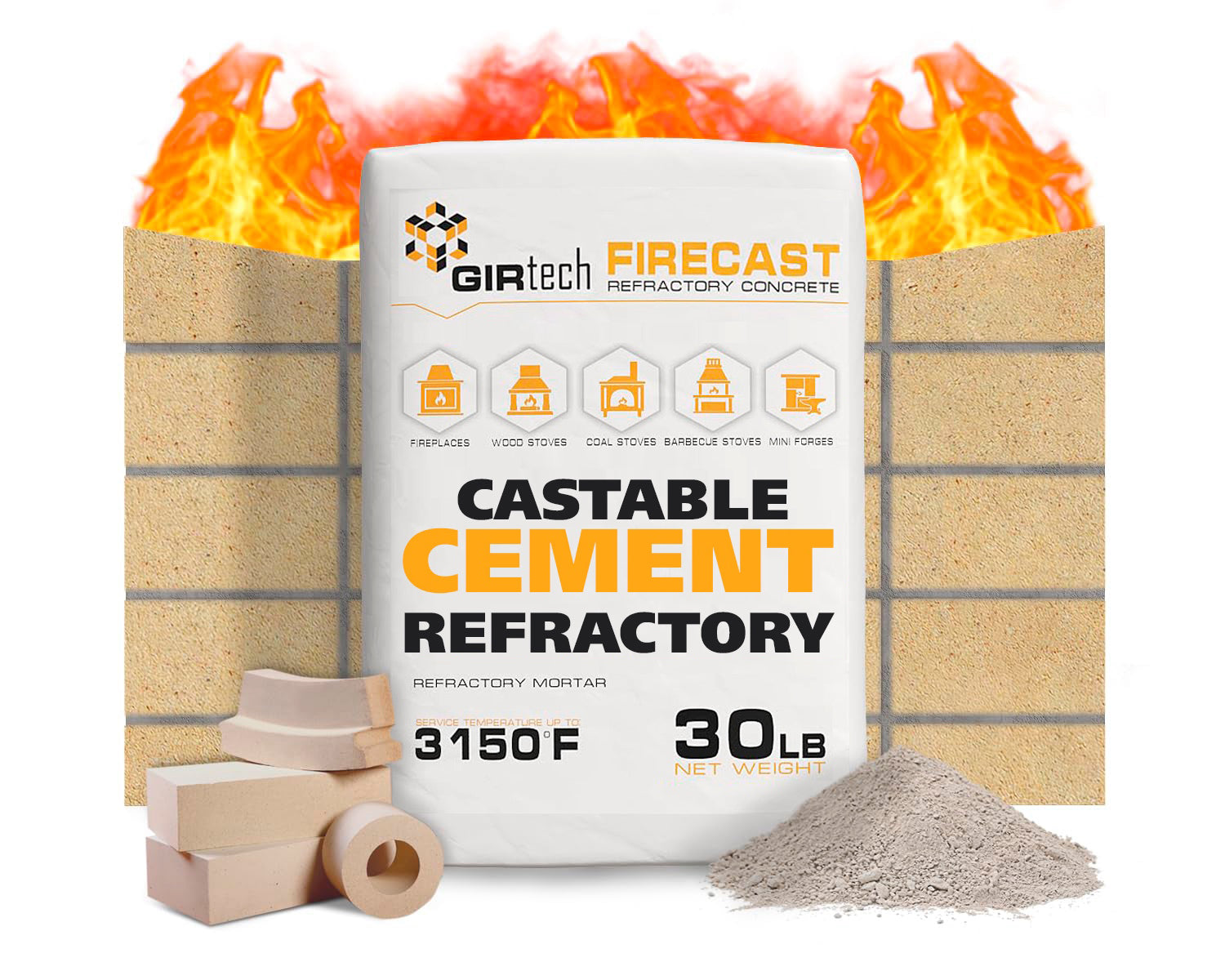 FireCast Castable Refractory Cement Mix 3110 Degree Fahrenheit 30 Lbs High Temperature Heat Resistant Fireproof Mortar Build Repair Pizza Oven Fire Places Forge Kiln Stove