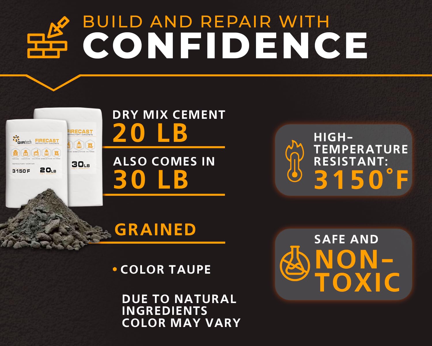 FireCast Castable Refractory Cement Mix 3110 Degree Fahrenheit 20 Lbs High Temperature Heat Resistant Fireproof Mortar Build Repair Pizza Oven Fire Places Forge Kiln Stove
