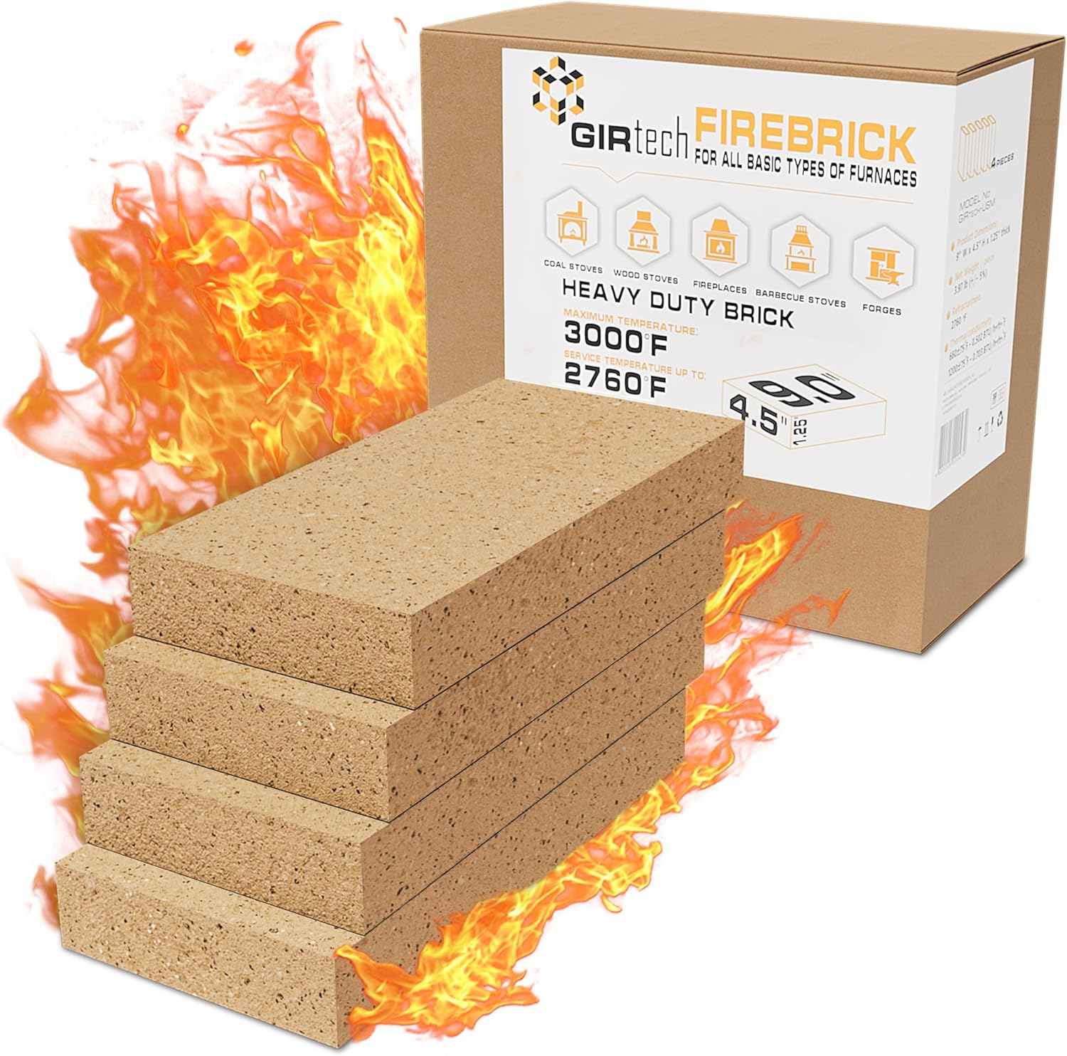 USM Heavy Duty Firebricks 2,4,5,6 Units-Pack Fireclay, Chamotte 3000F US Stove 9" x 4-1/2" x 1-1/4" Insulating, Replacement Fire Bricks for Fireplaces, Wood Stoves, Pizza Ovens, Steel Furnaces, Forge