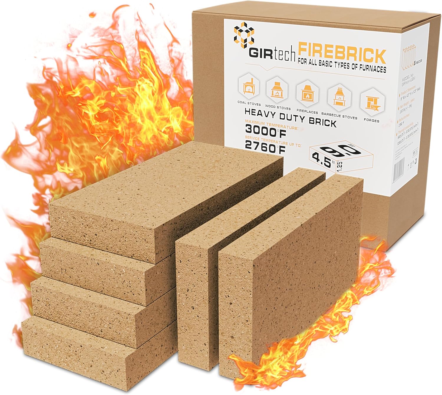 USM Heavy Duty Firebricks 2,4,5,6 Units-Pack Fireclay, Chamotte 3000F US Stove 9" x 4-1/2" x 1-1/4" Insulating, Replacement Fire Bricks for Fireplaces, Wood Stoves, Pizza Ovens, Steel Furnaces, Forge